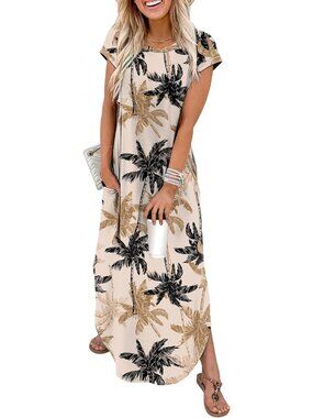 〽️Tropical Coconut Palm Tree Maxi Dress Women’s Crew Neck Cap Sleeve Vacation